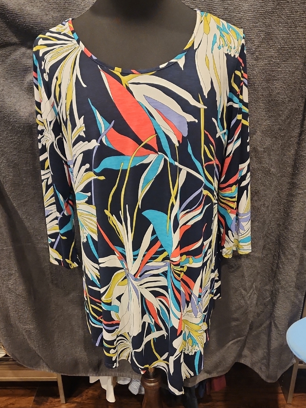 Clara Sun Woo Navy Tropical Scoop Neck Tunic with Multicolor Floral Print